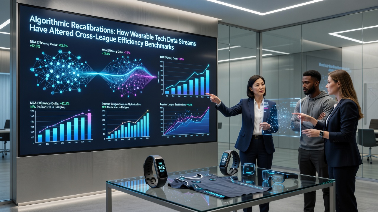 Data analysts reviewing wearable sensor outputs to update league efficiency benchmarks