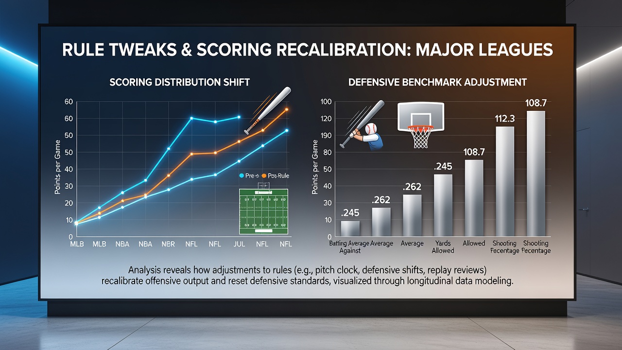 Comparative charts and player tracking visuals illustrating scoring increases and defensive adjustments across four major sports leagues