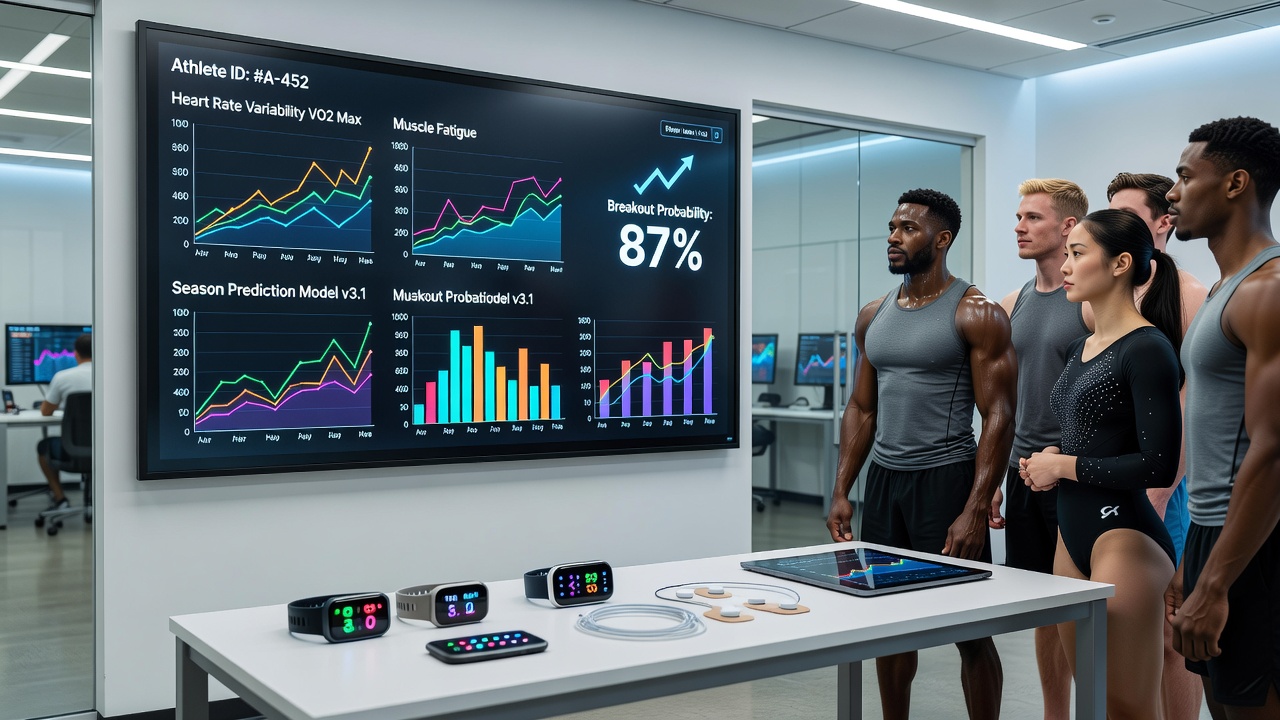 Data dashboard displaying biometric trends and athlete performance predictions for multiple sports