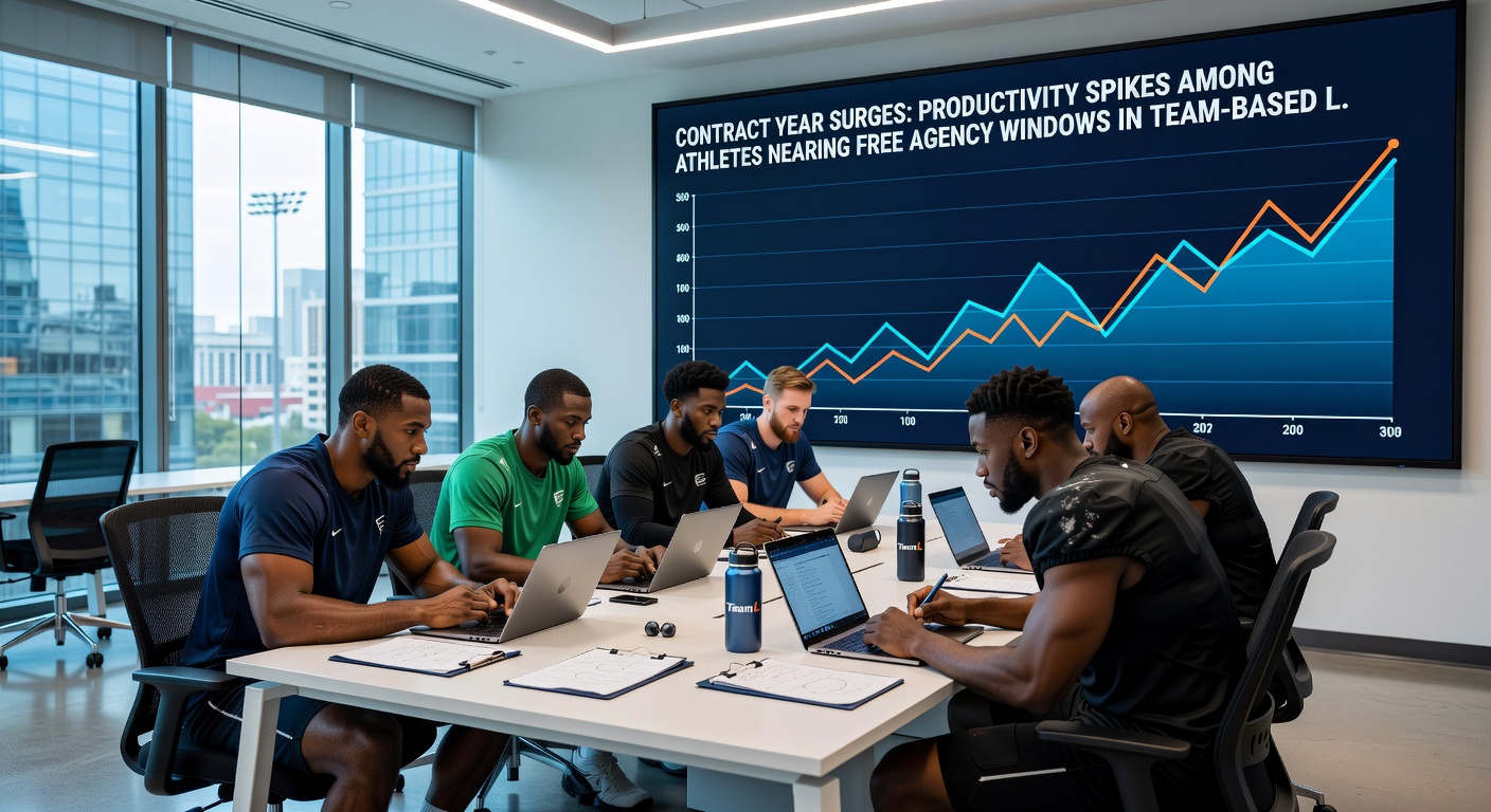 Graphs and charts illustrating productivity metrics rising during contract years in NFL NBA and MLB