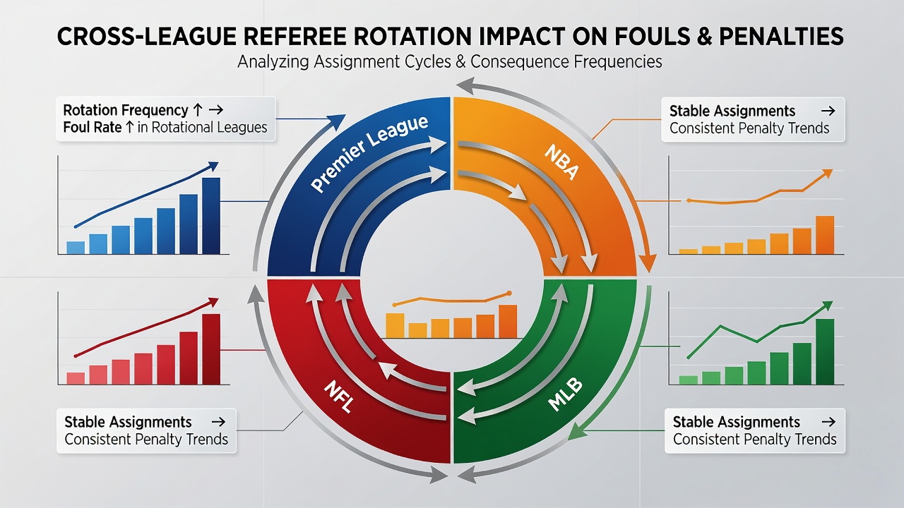 Charts comparing foul and penalty rates before and after referee rotations in basketball and baseball