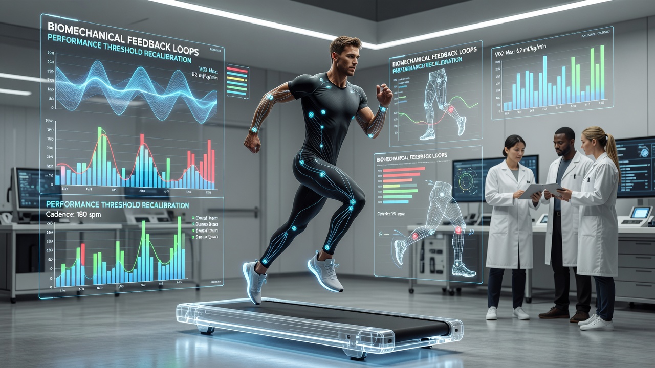 Close-up of biomechanical sensors monitoring muscle activation during an athlete's shift from power sprint to endurance positioning