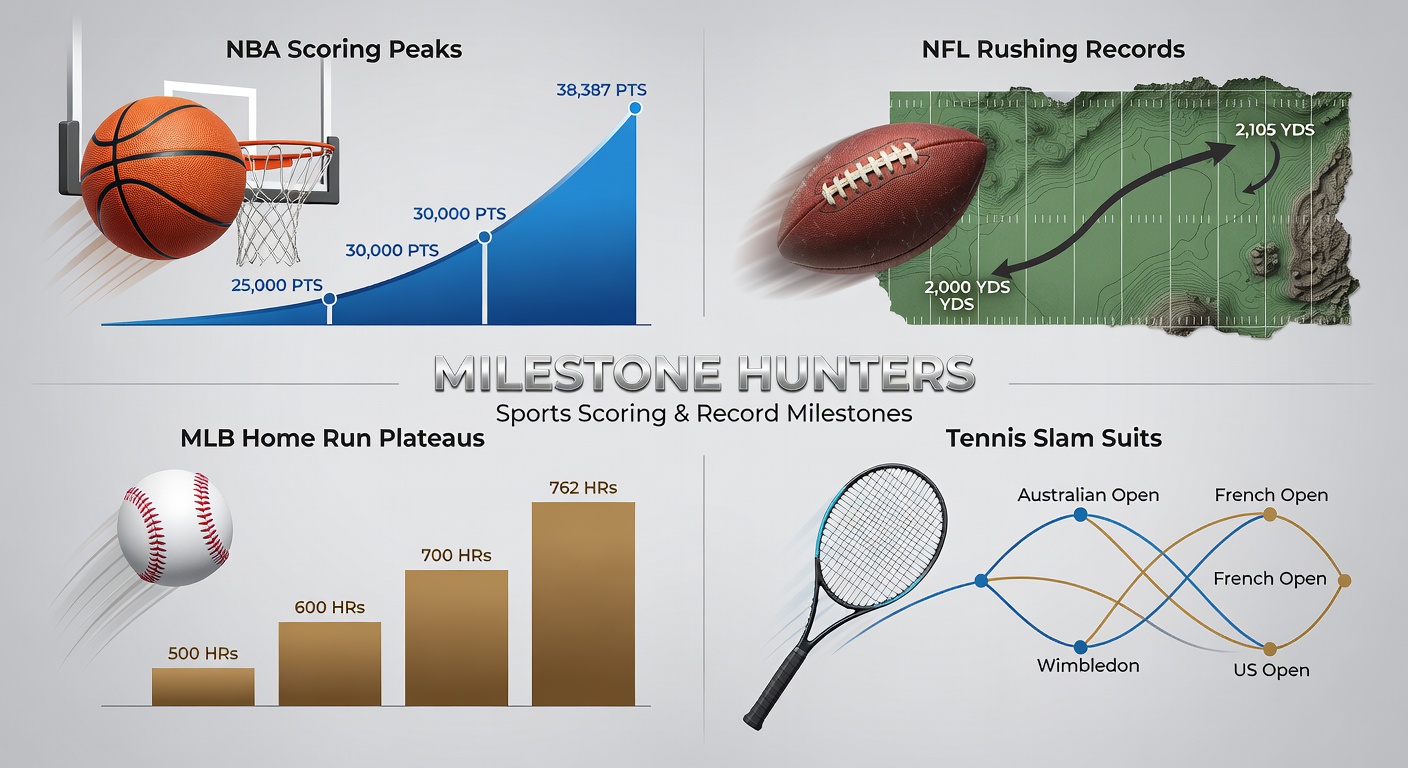 Close-up action shots of an NFL running back powering through defenders, an MLB batter launching a home run into the night sky, and tennis aces serving at full stretch during a Grand Slam match