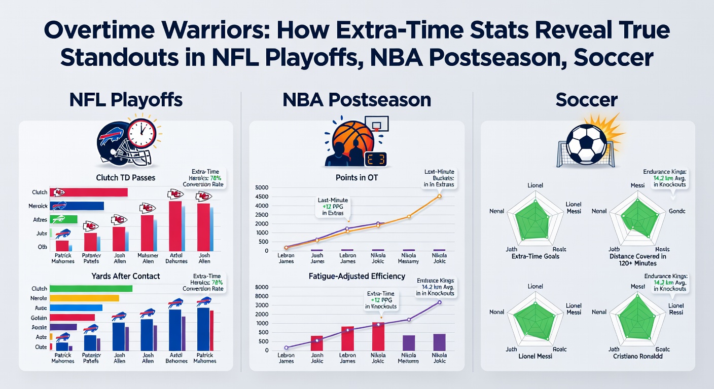Detailed view of soccer players in extra time during knockout stages alongside basketball athletes in NBA overtime, illustrating performance statistics