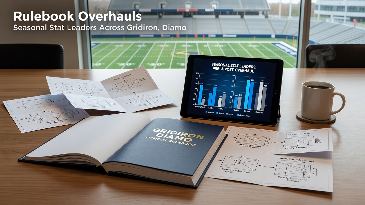 Composite view of stat leaderboards shifting across football, baseball, and basketball leagues