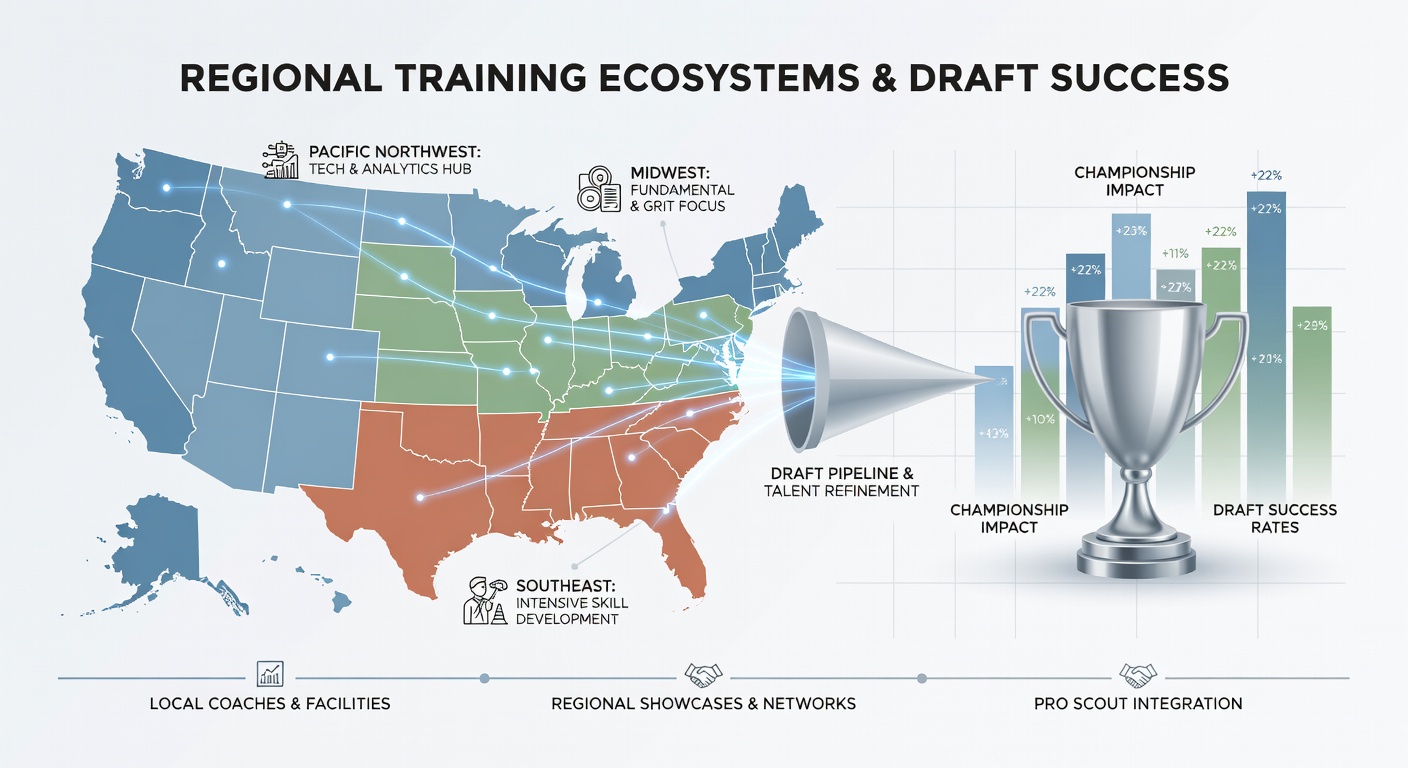 Athletes training at a regional facility with coaches analyzing performance metrics for professional drafts